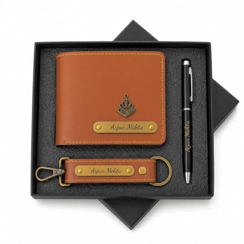 Image of B'Code Personalized Name & Charm Leather Wallet Mens Combo Giftset | Customized Birthday Anniversary Wedding Engagement Office Gifts for Man| Gift for Men| Brothers Raksha Bandhan Present (Tan)