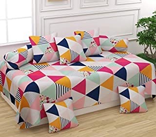 BREVARD 160 TC Glace Cotton 8 Pieces Diwan Set Including 1 Bedsheet, 5 Cushion Covers & 2 Bolster Covers, Multi Traingle-picture-32