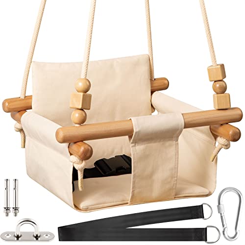 Image of Yangbaga Baby Canvas Swing Seat with Belt, Wooden Hanging Chair Swing Seat Indoor and Outdoor for Toddler Boys Girls Tree and Backyard White