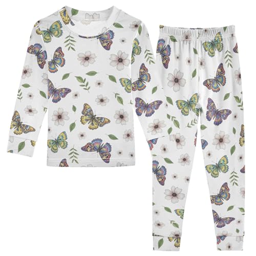 Pajama Sets Long Sleeve Butterfly Floral Pattern Design Soft Comfy Sleepwear 2 Piece PJS 3-8T