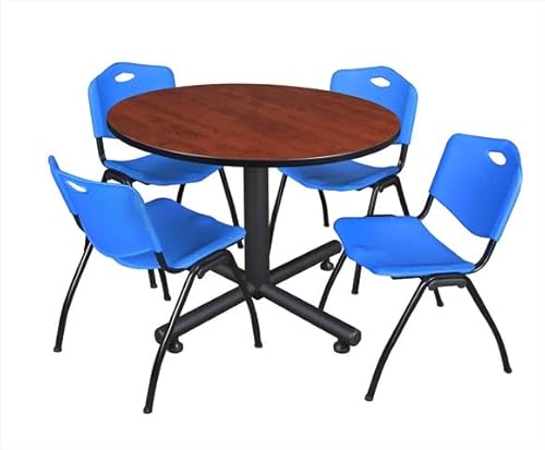 48 in. Round Laminate Table- Cherry & Kobe Base with 4 M Stacker Chairs- Blue
