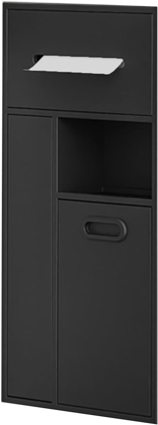 MYUYEE Recessed Niche Toilet Brush Holder Storage Rack, Recessed Toilet Paper Holder Trash Can Niche For Hotels Public Places (Black 30X65X14Cm)