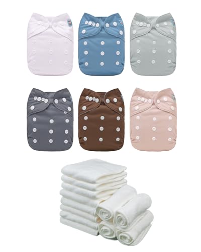 Image of ALVABABY Baby Cloth Diaper 6 Pack with 12 Inserts One Size Cloth Diaper Covers Adjustable Washable Reusable for Baby Girls and Boys 6BM110