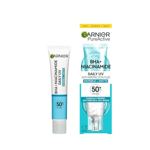 Garnier Pure Active Fluido Anti-imperfecciones Anti-UV Diario FPS50+ con BHA y Niacinamida, acabado Mate e Invisible, para pieles grasas con tendencia acneica, 40 ml