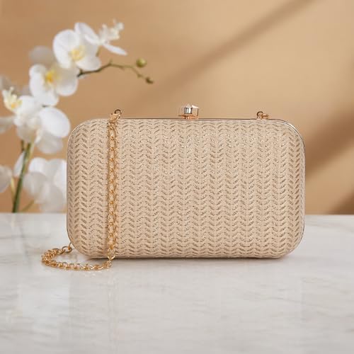 Image of Elegant Gold Evening Clutch for Women - Luxury Textured Hard Case Party Handbag with Detachable Chain Strap - Wedding Bridal Cocktail Purse