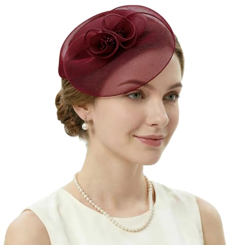 Image of DRESHOW Fascinator Hats for Women Cocktail Tea Party Hat Netted Pillbox Hat Vintage Derby Hats for Bridal Wedding