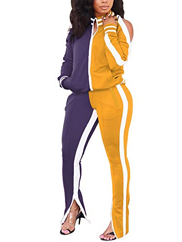 Bornpom Womens Two Piece Outfits Tracksuit Cold Shoulder Jackets Coat Long Sweatpants Bodycon Jogging Suit Purple-Yellow S