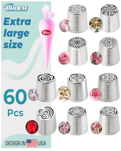 60Pcs Extra Large Russian Piping Tips Set 10 Flower Nozzles Baking Stainless Steel Rose Floral Piping Nozzles Nozzle for Cake Decorating for Buttercream Flowers Cake Decorating Supplies for Wedding