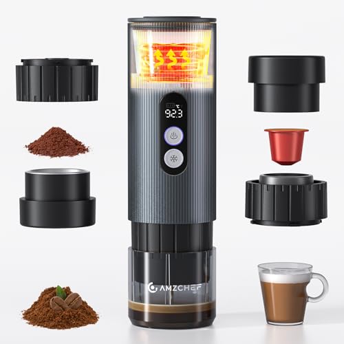 AMZCHEF Macchina Caffe Portatile 20 Bar – Ricaricabile USB-C, Compatibile con Capsule e Caffè Macinato – Macchina da caffè espresso elettrica portatile per Campeggio, Ufficio, Auto,Alluminio