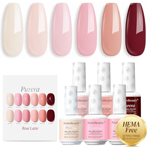 Image of AZUREBEAUTY 6 Colors 15ml HEMA Free Purera Gel Nail Polish Set, Same Color Bottles, Soak Off UV LED Gel Polish Kit Nail Art for DIY at Home Manicure Salon Gifts, Nude Pink Beige Burgundy Red