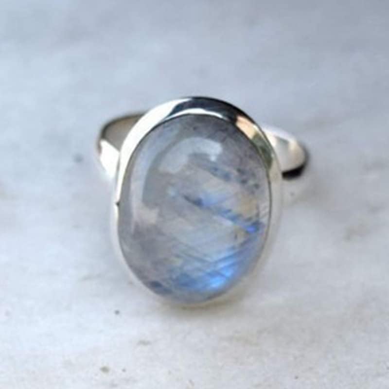QUSIIOSLK 925 Sterling Silver Moonstone Ring Boho Rainbow Oval Shape Moonstone Ring Natural Moon Gemstone Solitaire Rings Jewelry for Women Size 6-11 8 - Image 4