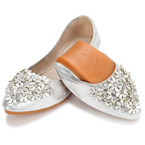 KUNWFNIX Women's Ballet Flats Foldable Classic Crown Rhinestone Slip On Flowers PU Leather Pointed Toe Comfort Flat Casual Dress Shoes 6 #02-silver