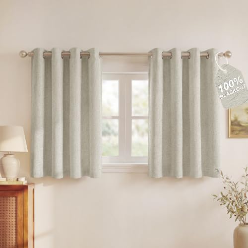 Image of NICETOWN Linen 100% Blackout Ivory Curtains 45 inches Long for Bathroom, Grommet White Liner Composite Window Treatments Sound Dampening Thermal Drapes for Home Decor, 2 Panels, W52 x L48