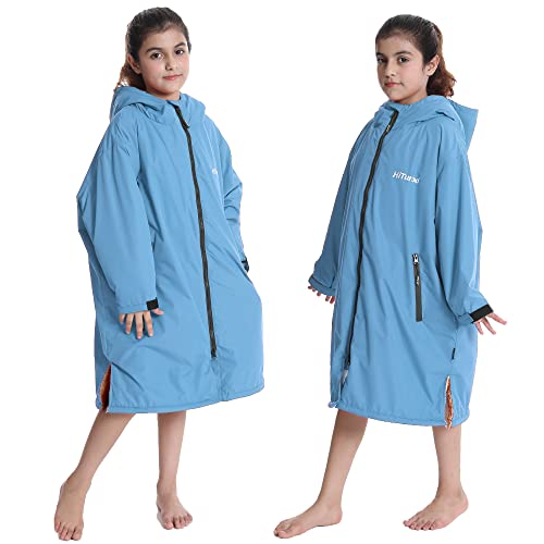 Image of Hiturbo Warm Kids Swim Parka: Waterproof Changing Robe - Oversize Swimming Coat - Hooded Surf Poncho - Thick Lining (7-14Y)