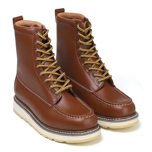 Image of Brown Men's Leather Work Boots - 4 /6 /8 Inch Composite & Soft Toe, Slip Resistant, Oil Resistant, Electrical Hazard, Mark Toe Construction Footwear