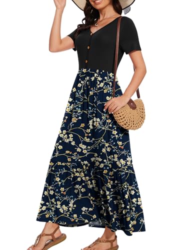 Image of VIISHOW Women's Short Sleeve Maxi Dress 2026 Summer V Neck Knit Loose Plain Empire Waist Casual Dresses with Pockets