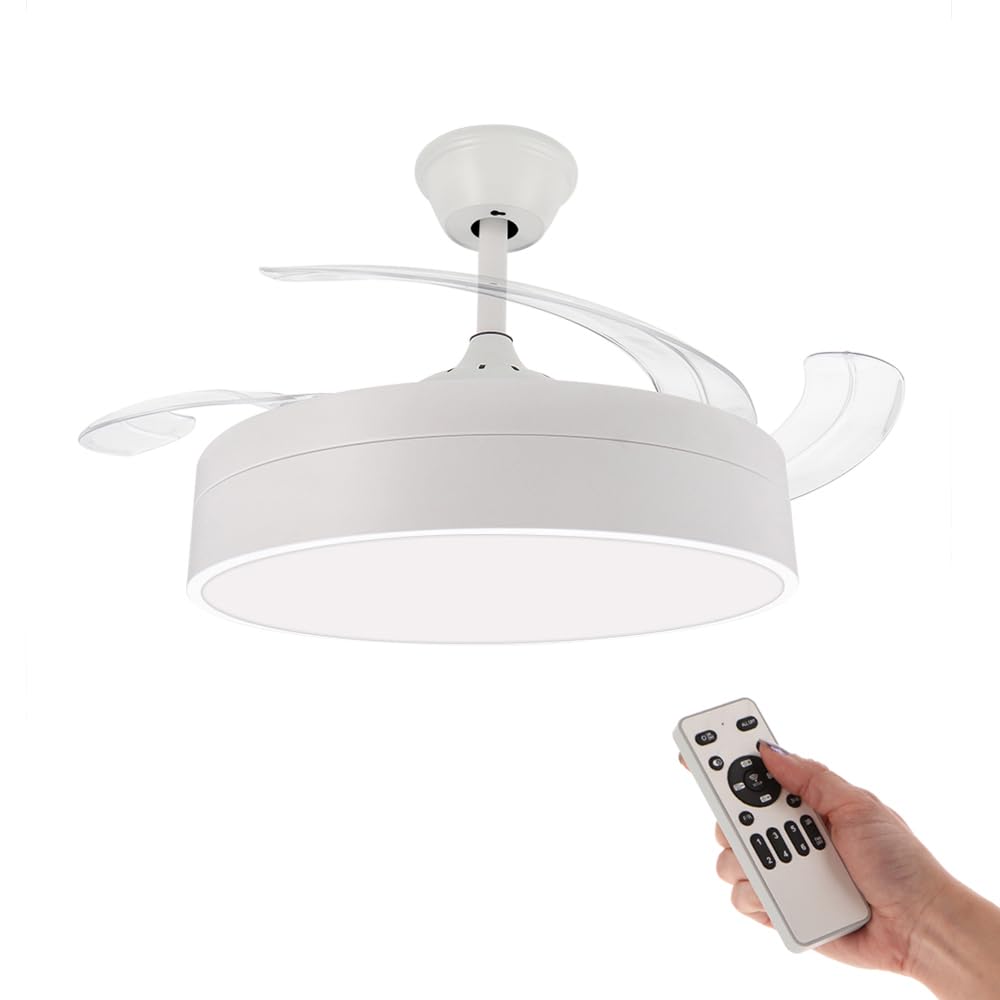 M Ledme - Ventilador de Techo con luz Led Messe 72W Blanco, Mando a Distancia, Bajo consumo, motor DC, 6 velocidades, Silencioso ,4 Aspas desplegables, función verano-invierno, temporizador