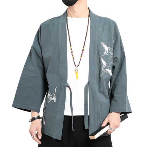 Image of Men's Japanese Kimono Cardigan Loose Cotton Linen 3 /4 Sleeve Open Front Casual Summer Shirt Jackets