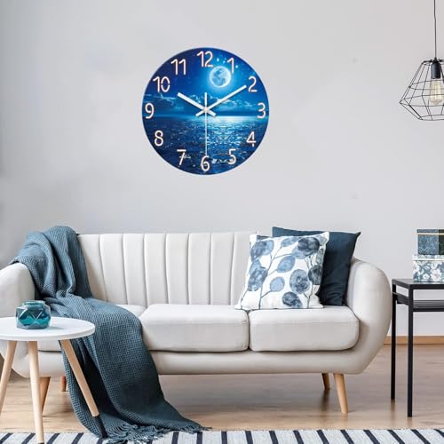 Image of XFM Big Blue Glass Wall Clock Battery Operated 16 Inch Moon Ocean