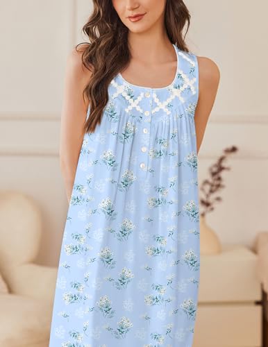 Image of Ekouaer Nightgowns for Women Cotton Long Night Gown Sleeveless Sleep Dress Victorian Nightdress Ladies Sleepwear
