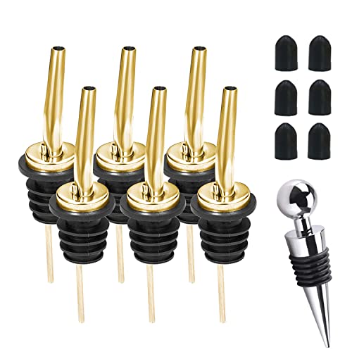 WAFJAMF 6 Pcs Liquor Pour Spouts Set - Stainless Steel Speed Pourers for Wine Spirits, Olive Oil & Vinegar (Gold)