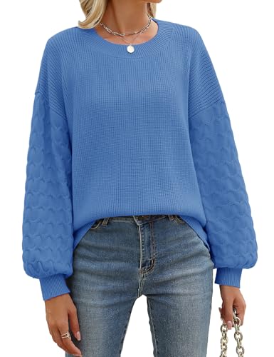 Lonya Jersey Mujer Invierno Elegante Redondo Sueter Casual Manga Larga Jerséis Punto Ropa Sweater Blusas Tops Azul,M