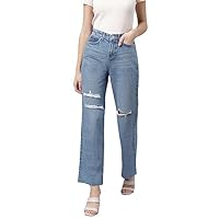 5-Pocket high-Rise Wide Leg Jeans,Mildly Distressed, No Fade, has a Button and Zip Closure, and Waistband with Belt Loops|Blue|30