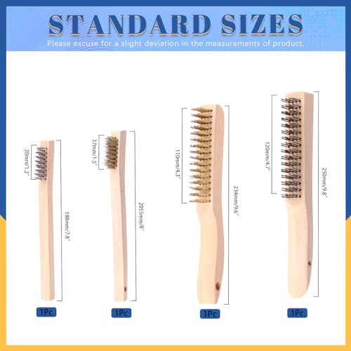 Glarks 4Pcs Wire Scratch Brush Set, Beech Wood Short Carbon Steel, Stainless Steel & Brass Metal Brush with Hardwood Beech Handle, Welding Brush for Cleaning Dirt, Rust and Paint Remover