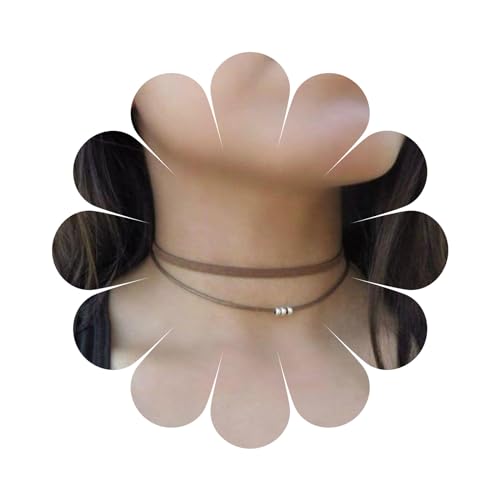 Inilbran Boho Layered Leather Choker Halskette Brown Leather Cord Choker Necklace Gothic Brown Collar Necklace Short Silver Bead Necklace Jewelry for Women and Girls