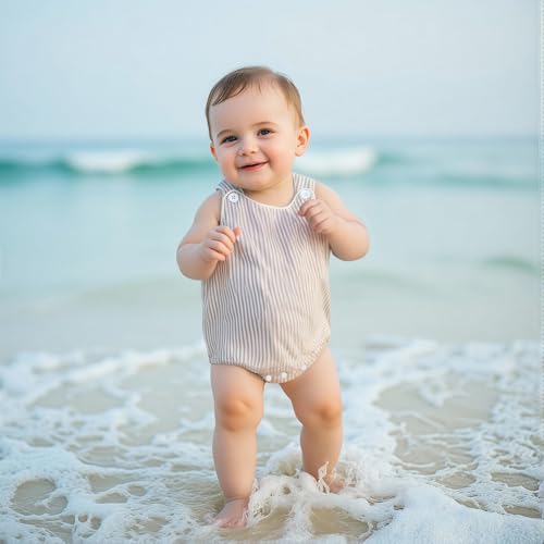 Newborn Baby Boy Girl Striped Romper Sleeveless Cotton Linen Bubble Bodysuit Button Jumpsuit Tank Summer Overalls2