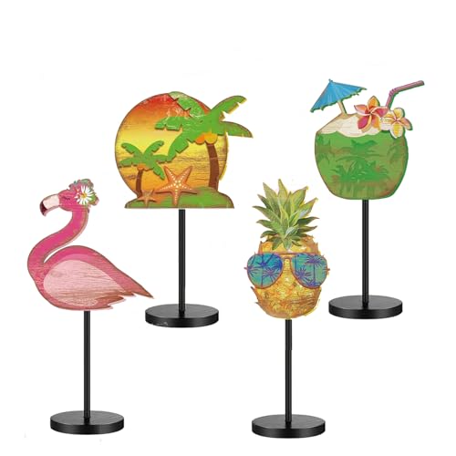 Hawaii Deko 4 Stück Sommer Tischdeko Innen Wohnzimmer Flamingo Kokosnuss aus Holz Fensterbank Tisch Beach Decor zum Hinstellen Modern für Sommer Geburtstag Party