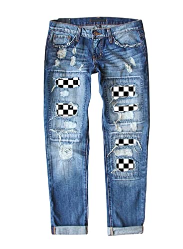 Astylish Womens Soccer Patchwork Destroyed Stretch Loose Boyfriend Jeans Classic Ripped Hole Denim Pants Blue X-Large