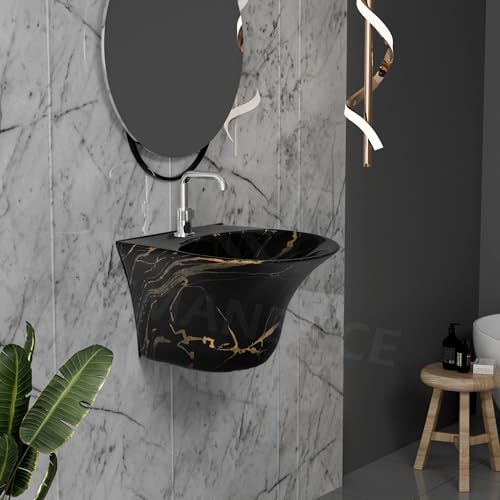 Image of REMANENCE Luxury Wall Mount Half Pedestal Wash Basin for Bathroom | Designer Wall Hung Basin | Wall Mounted Washbasin for Resturent, Hotels (16 x 16 x 11 Inch) (Black Gold Jelly)