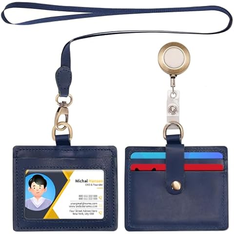 Wonderpool Leather Horizontal Badge Holder with Detachable Neck Lanyard and Retractable Badge Reel Clip, Card Slots Case ID Card Holder for ID Badges Card and Driver Licence (Blue) Cover
