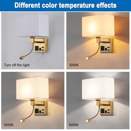 Image of Wall Lamp for Bedroom Living Room Office Hotel, Plug in Wall Sconce with AC Outlet & USB Charging Port, Wall Mount Reading Light 360Adjustable, Gold Headboard Lamp With 3 Color Temperature
