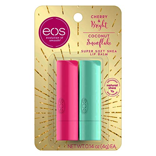 eos (1) 2pc Pack Lip Balm Sticks - Cherry & Bright, Coconut Snowflake Holiday Flavors - Super Soft Natural Shea - 0.14 oz Each