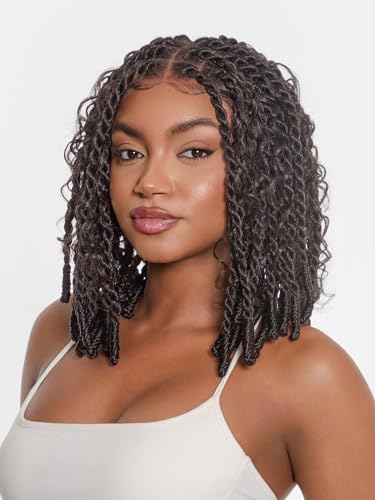 Frodio Veralux Fiber 13x5 HD Lace Front Wig Boho Knot Twist Bob Wig 12 Inch Glueless Synthetic Wig Boho Locs Braided Wig for Black Women Pre-Cut Ready to Go Natural Black