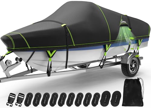 UIRWAY New Boat Cover Waterproof, Heavy Duty 1200D Winter Covers for Tri-Hull Boat with 11 Strips,...
