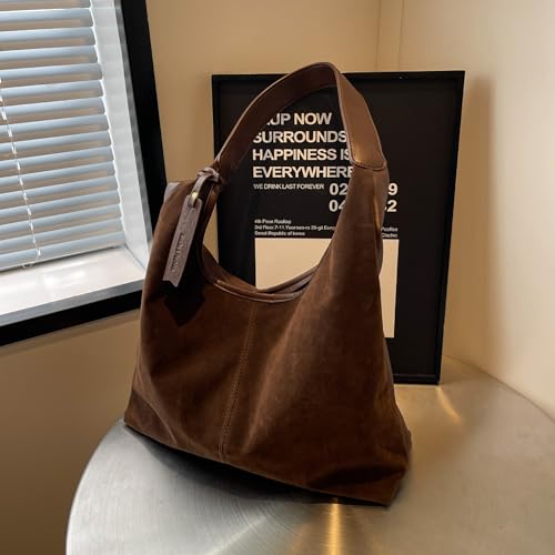 Image of Suede Bag Suede Tote Bag Brown Suede Shouder Purse Work Hobo Handbags Fall Aesthetics
