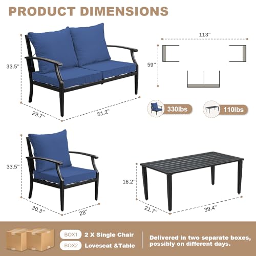 Image of 4-Piece Patio Furniture Set, Wider Outdoor Metal Seating Sofa with High Back & Loveseat, Coffee Table, All Weather Metal Conversation Set for Backyard, Poolside, Deck-Navy