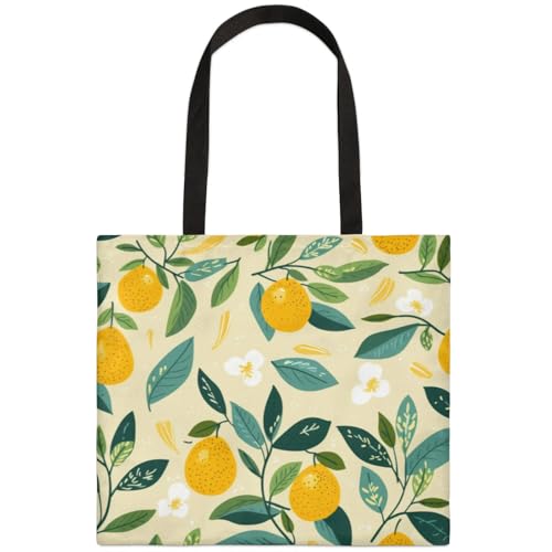 Mularoka Flower Leaf Lemon Watercolour Square Canvas Tote Bag Top Handle Purses Stylish Women Canvas Shoulder Tote Bags Reusable Handbags for Work Travel Picnic Beach Shopping Gym Hiking