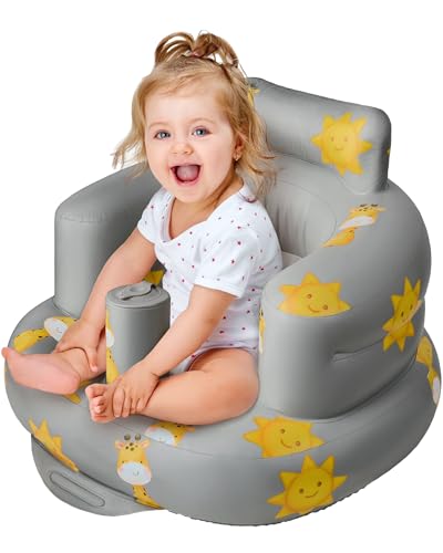 Image of SplashEZ Inflatable Baby Seat - Sit-Up Chair for Baby 3 Months to 3 Years, Inflatable Sit Me Up Chair for Infant Sitting Support, Blow-Up Baby Seat with Air Pump for Home, Floor, and Travel, Giraffes