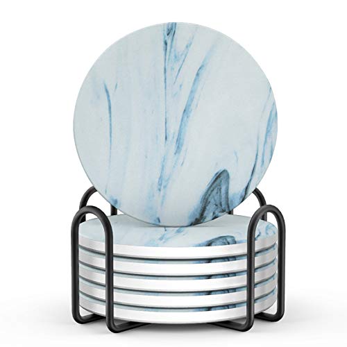 LIFVER Coasters for Drinks Absorbent, Ceramic Drink Coasters Set with Holder, Set of 6, Cork Base for Tabletop Protection, Suitable for Cold and Hot Drinks, River Style