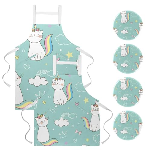 Tablier de serveuse chat licorne multicolore pour restaurant et bar