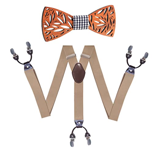 Lvguang Bretelles Homme en Forme de Y en lot avec Noeud Papillon Bois Assorti, 3,5 cm Bretelle élastiques et réglables avec 6 Clips Métalliques Cover