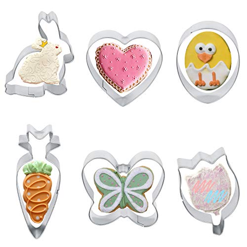 Easter Cookie Cutters Set Cookie Cutters Shapes Easter Bunny Easter Egg Chicken Flower Butterfly Carrot 6 Pieces Mold for Baking Cake Decoration for Holiday Celebration Parties
