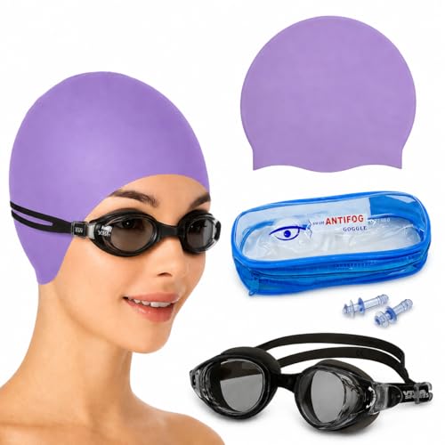 Image of GLAN Swimming Kit with UV Protection and Anti Fog Swimming Goggles and Cap Set Ideal for All Age Group Pack of 1 (Purple Black)