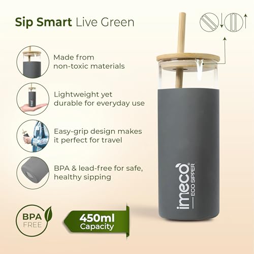 Image of IMECO ECO Sipper Glass Bottle with Bamboo Lid & Straw 450ml | Borosilicate Glass Tumbler | Leakproof & BPA-Free | Reusable, Non-Toxic & Lightweight | Ideal for Milk, Coffee & Tea - Grey