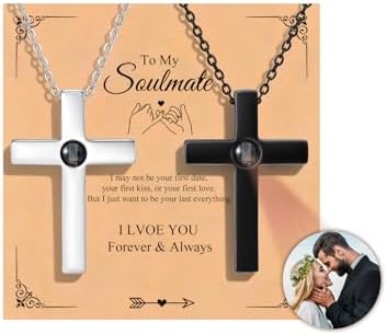 Gamtic Personalized Cross Projection Necklace for Couples, Custom Photo Inside & Engraved Message, Christian Gift for Husband Wife, Boyfriend Girlfriend, Stainless Steel Matching Necklaces Set