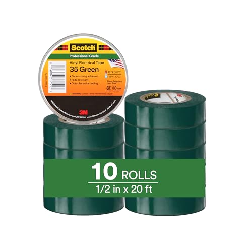 3M Scotch Electrical Tape 35, 1/2 in x 20 ft, 10 Short Rolls, Green